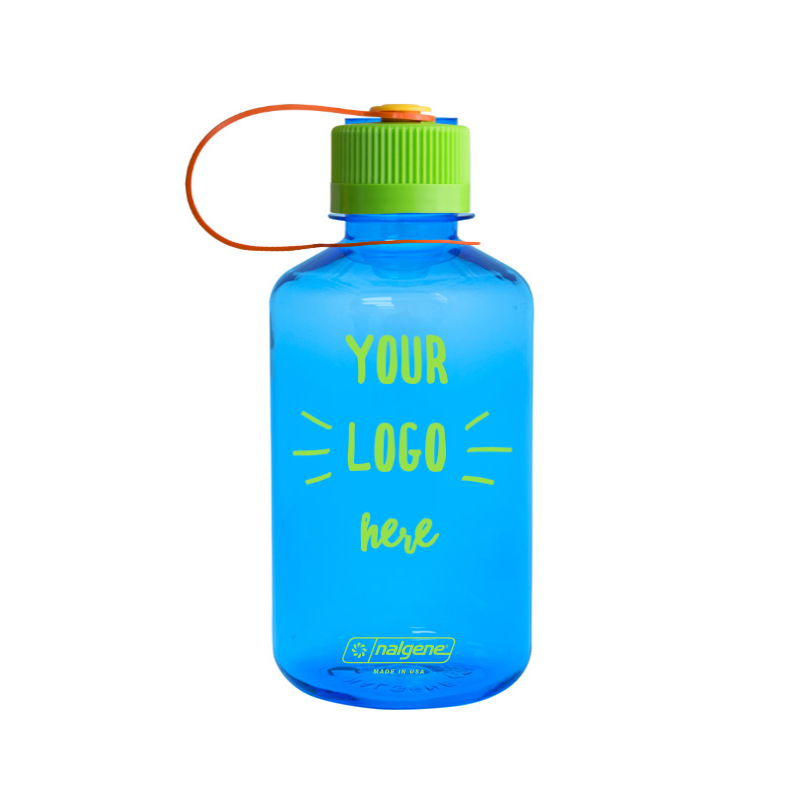 Customizable 16 ounce narrow-mouth Nalgene Sustain bottle in Slate Blue with a Your Logo Here imprint.