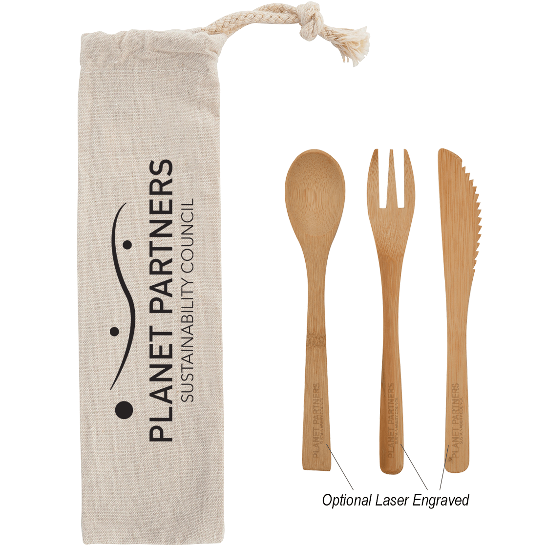 Customizable 3 Piece Bamboo Utensil Set with Cotton Pouch