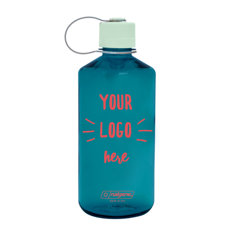 Customizable 32 ounce narrow-mouth Nalgene Sustain bottle in Trout with a Your Logo Here imprint.