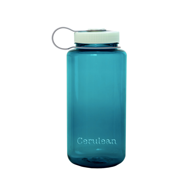 Customizable 32 ounce wide-mouth Nalgene Sustain bottle in cerulean.