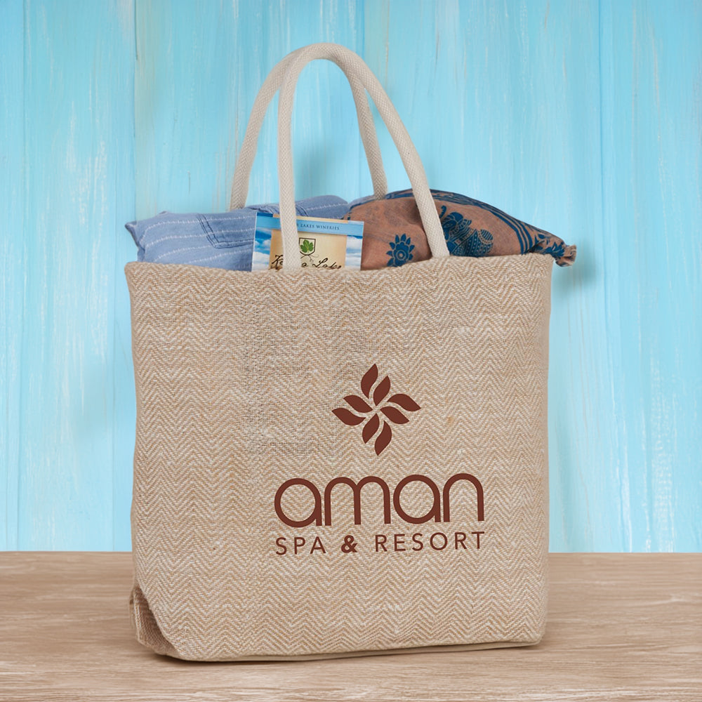 Herringbone jute tote bag in natural.