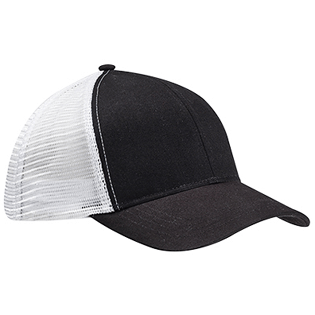 Customizable Econscious Eco-Blend Trucker Hat in black and white.
