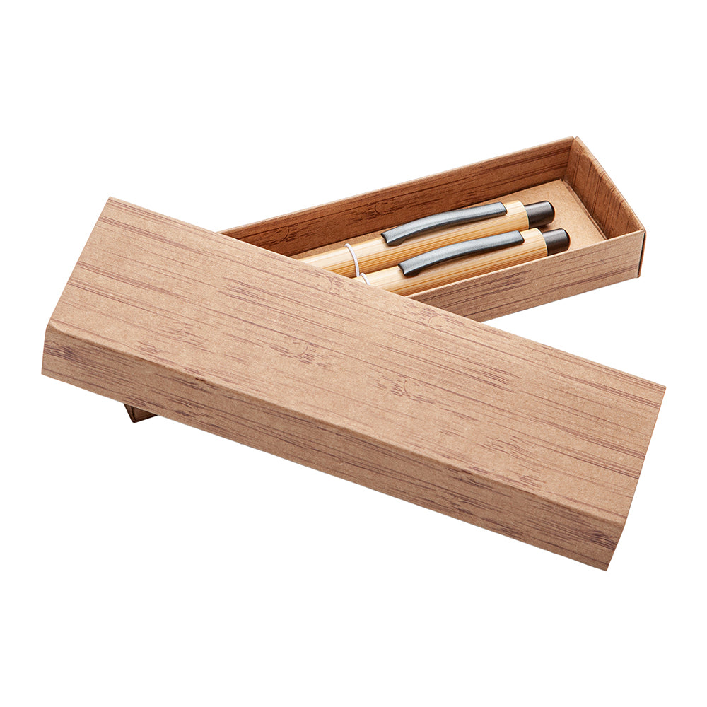 Lucky clicker bamboo pencil and pen set in box.