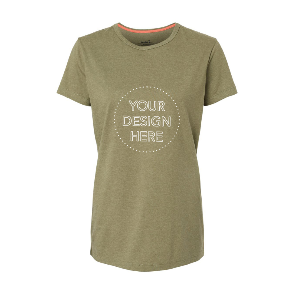 Olive green t-shirt with 'Your Design Here' text on a white background