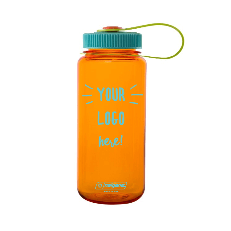 Customizable 16 ounce wide-mouth Nalgene Sustain bottle in Orange with a Your Logo Here imprint.