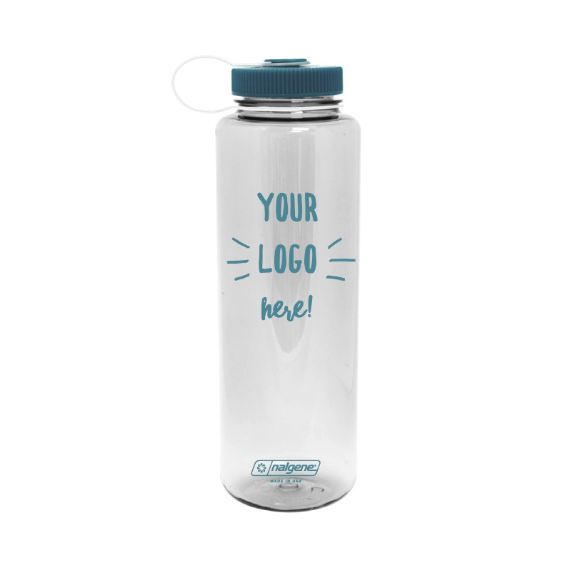 Customizable 48 ounce wide-mouth Nalgene Sustain bottle in clear with Your Logo Here imprint.