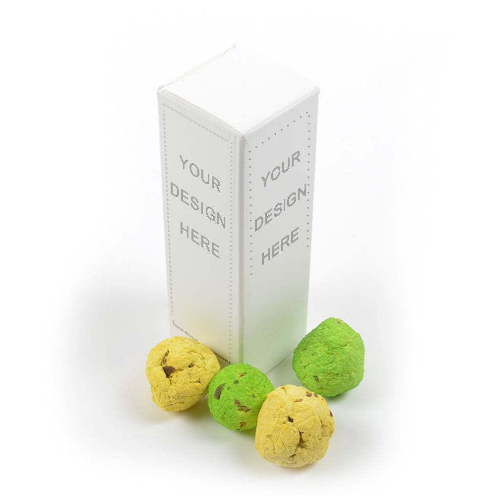 four hand-crafted seed bombs made from recycled paper.