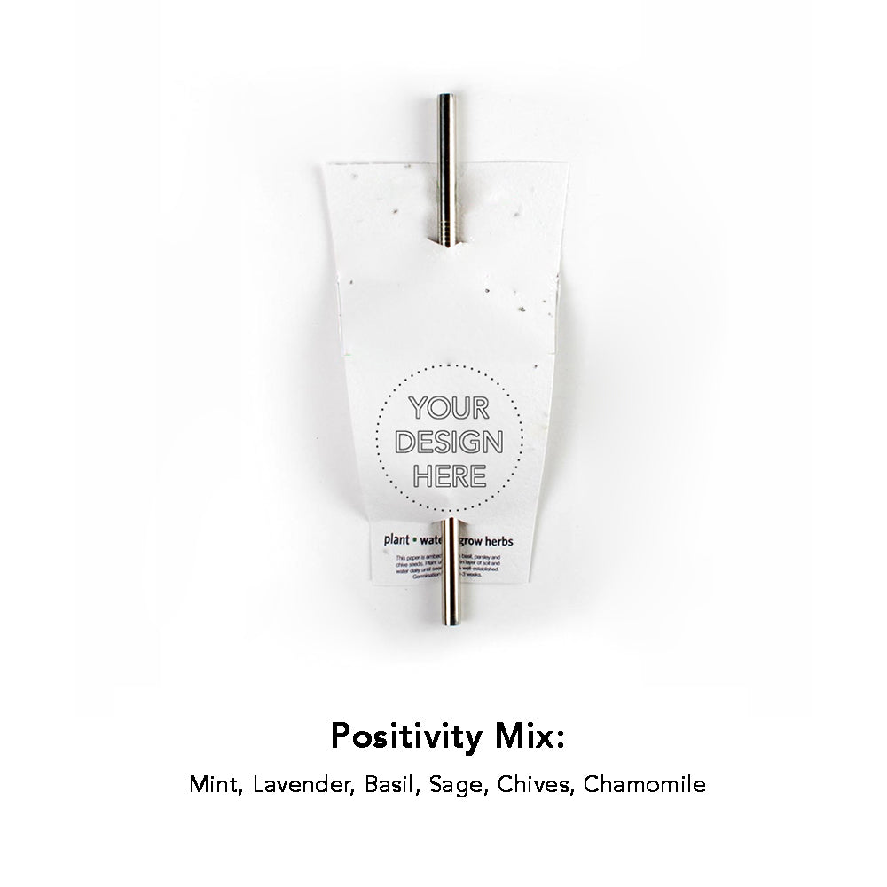 Promotional straw holder, customizable and embedded with positivity wildflower seeds.