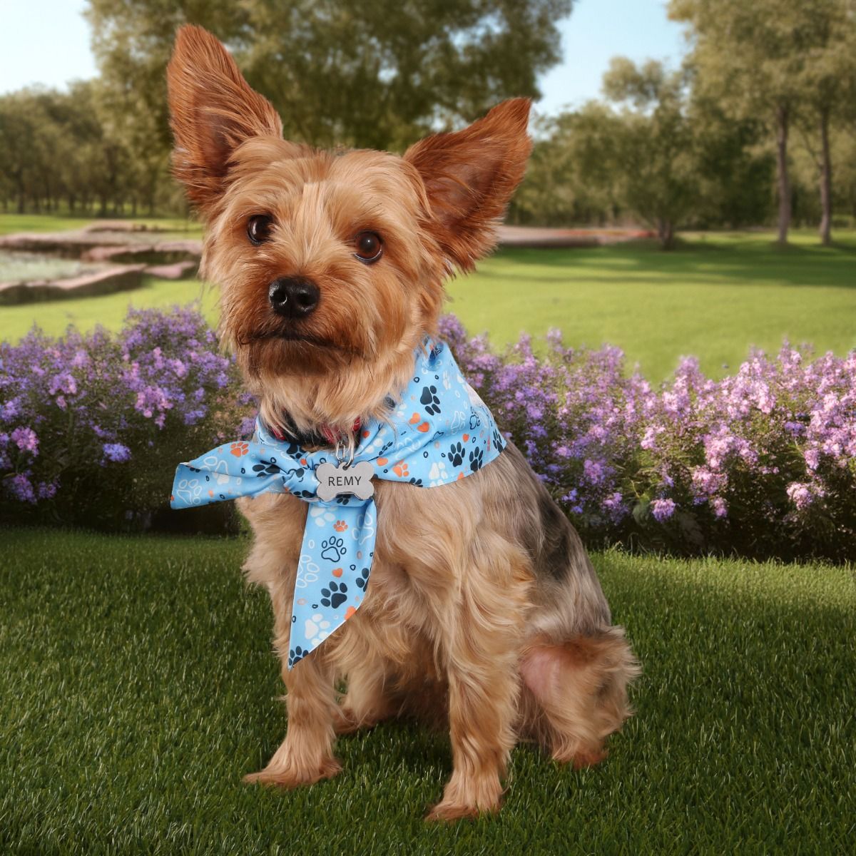 Cute dog wearing our recycled Poly (rPET) custom branded dog bandana.