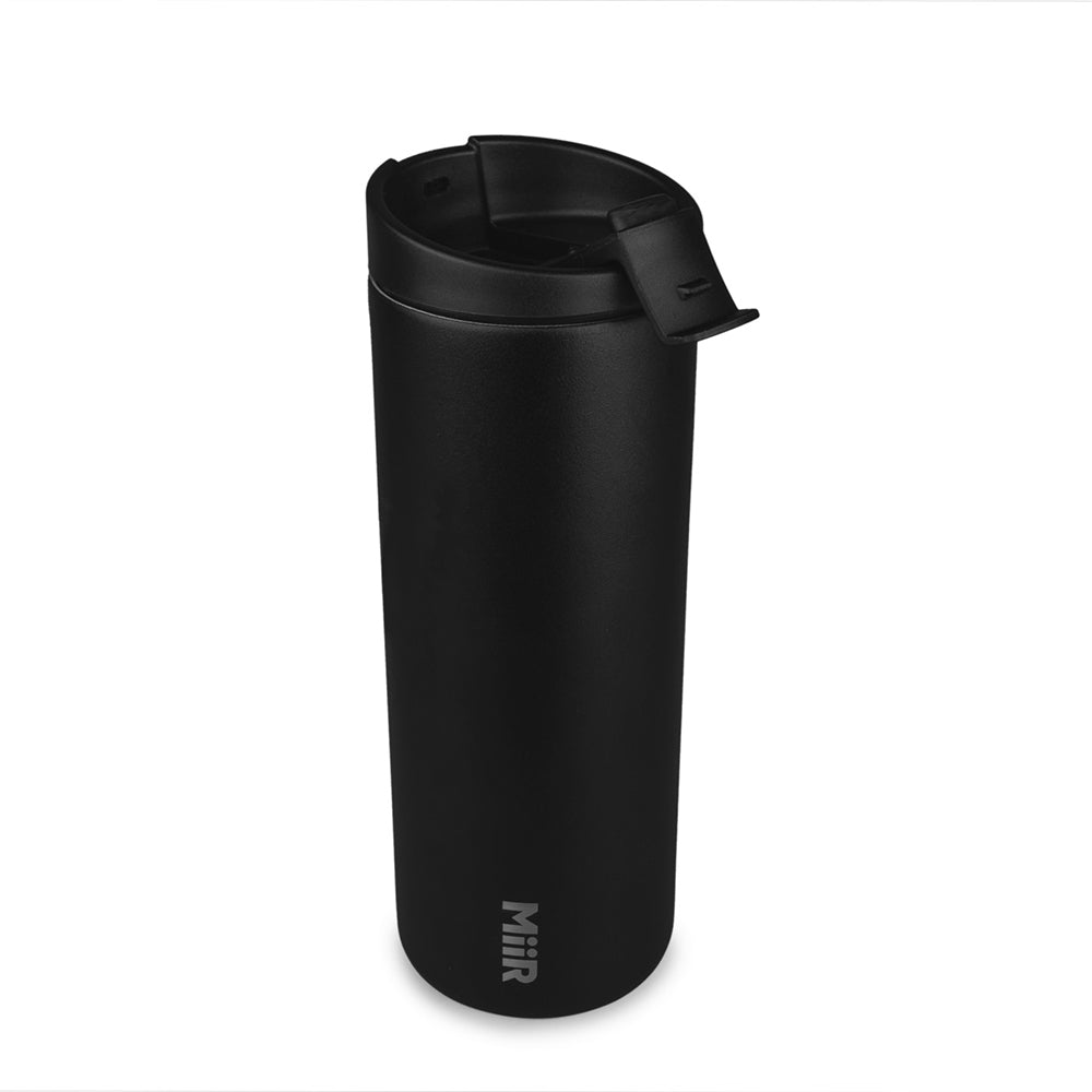 Customizable Miir stainless steel 16oz insulated travel tumbler in black powder powder.