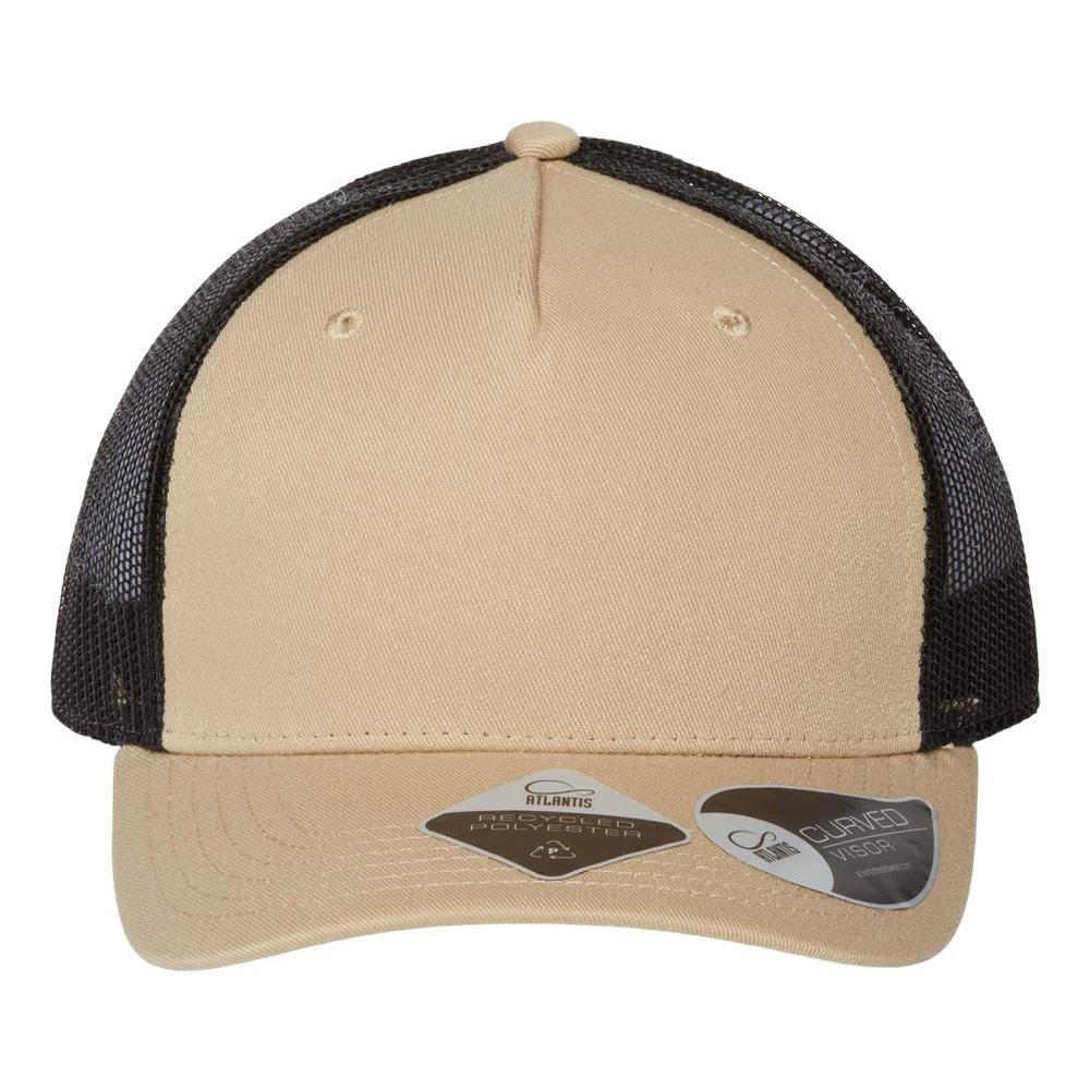 Customizable recycled polyester Atlantis trucker hat in khaki
