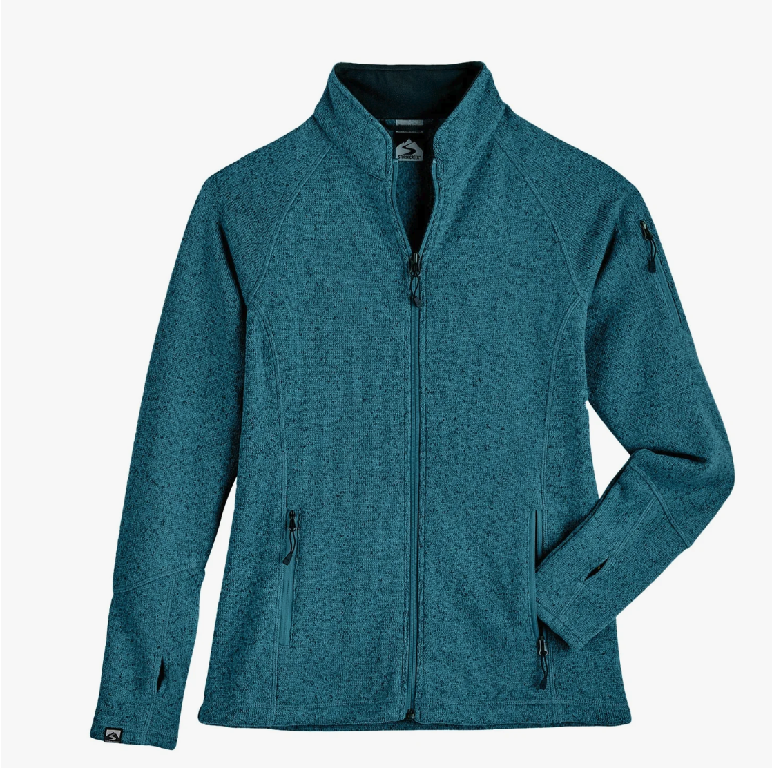 Customizable Storm Creek women's Overachiever sweaterfleece jacket in balsam green.