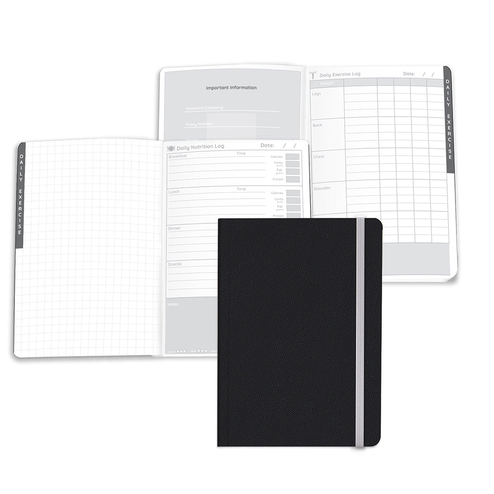 Customizable perfect bound wellness journals in black.