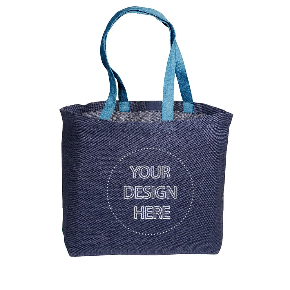 Eco-Green Jute Tote in navy with logo.