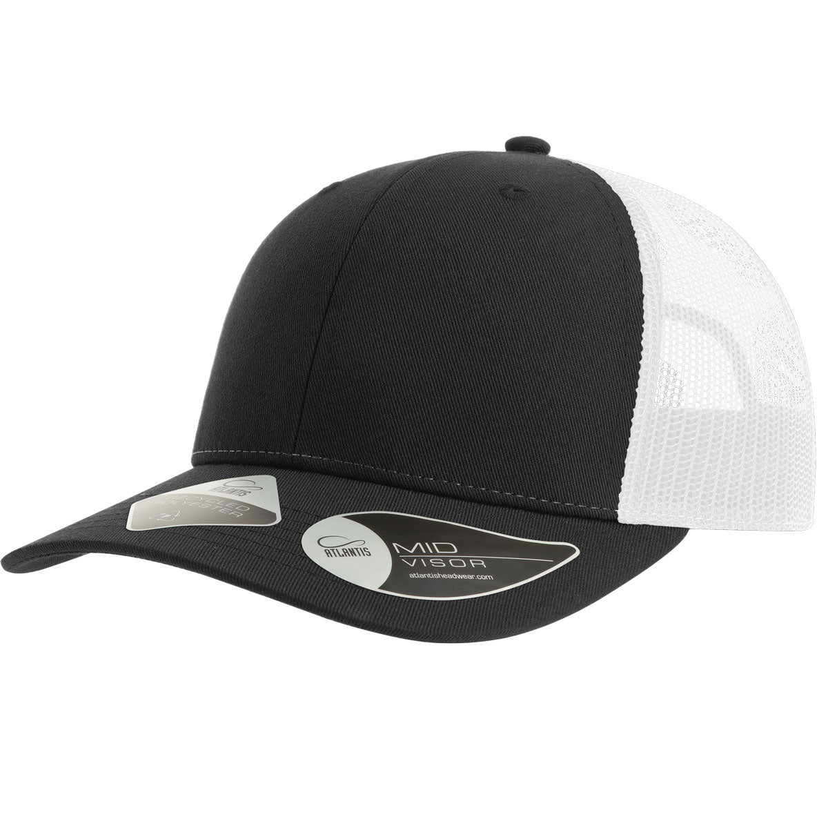 Customizable Atlantis Headwear Bryce Trucker Cap in black and white.