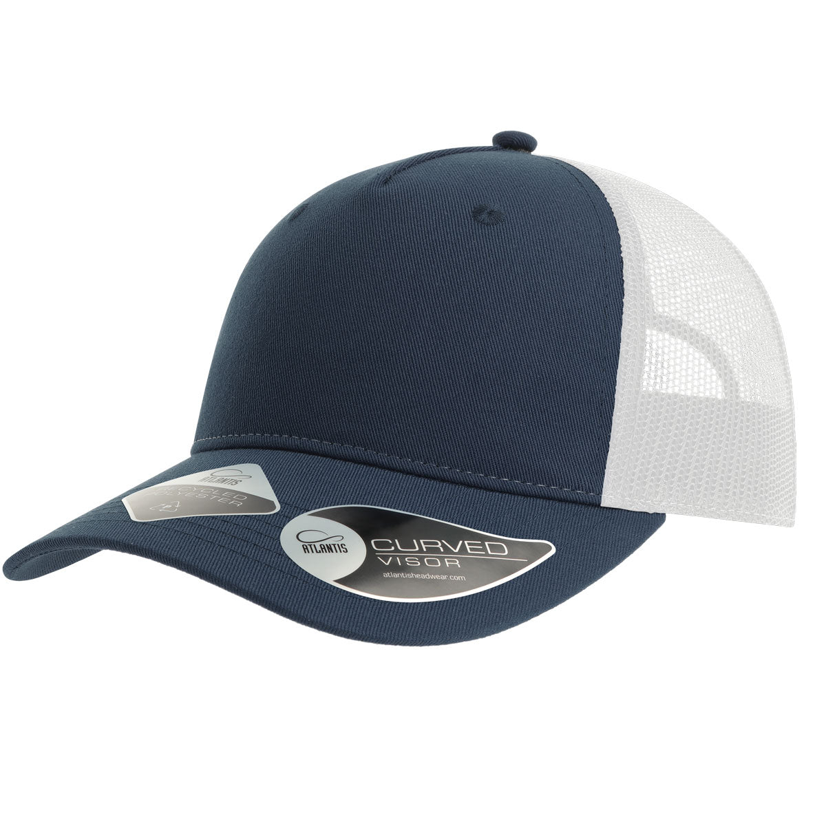Customizable recycled polyester Atlantis truck hat in navy and white.
