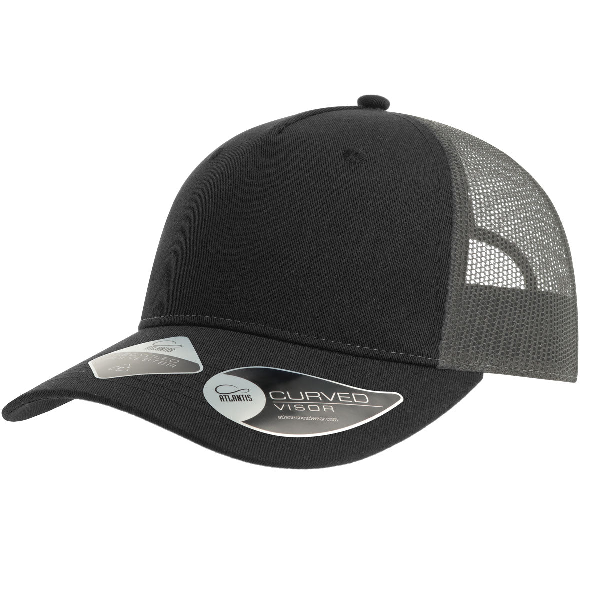 Customizable recycled polyester Atlantis truck hat in black and dark gray.