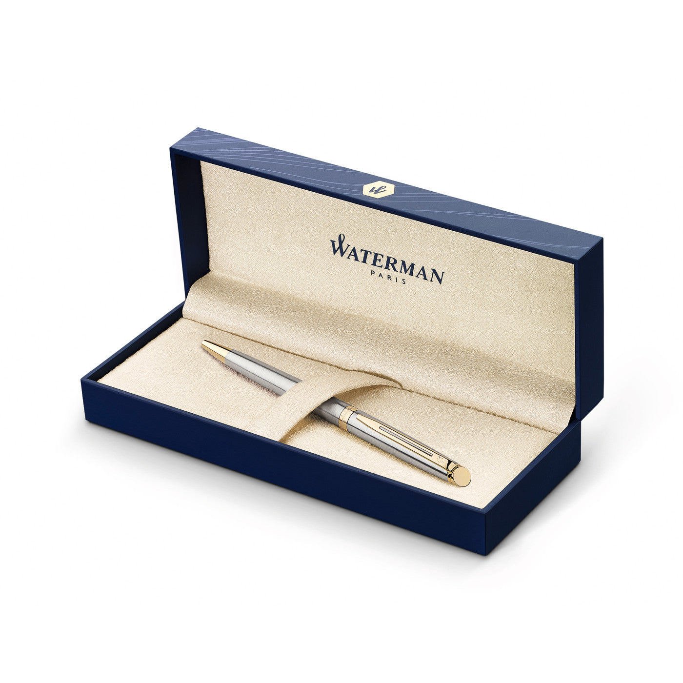 Customized hemisphere waterman stainless steel ballpoint pen in box.
