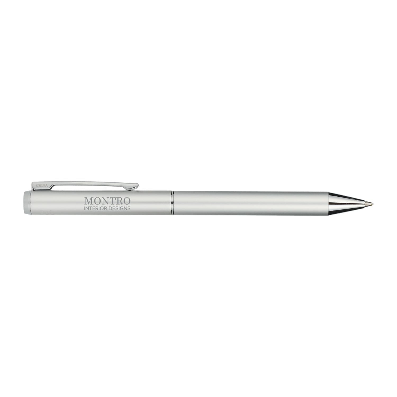 Customized recycled aluminum ultra gel ballpoint pen in silver.
