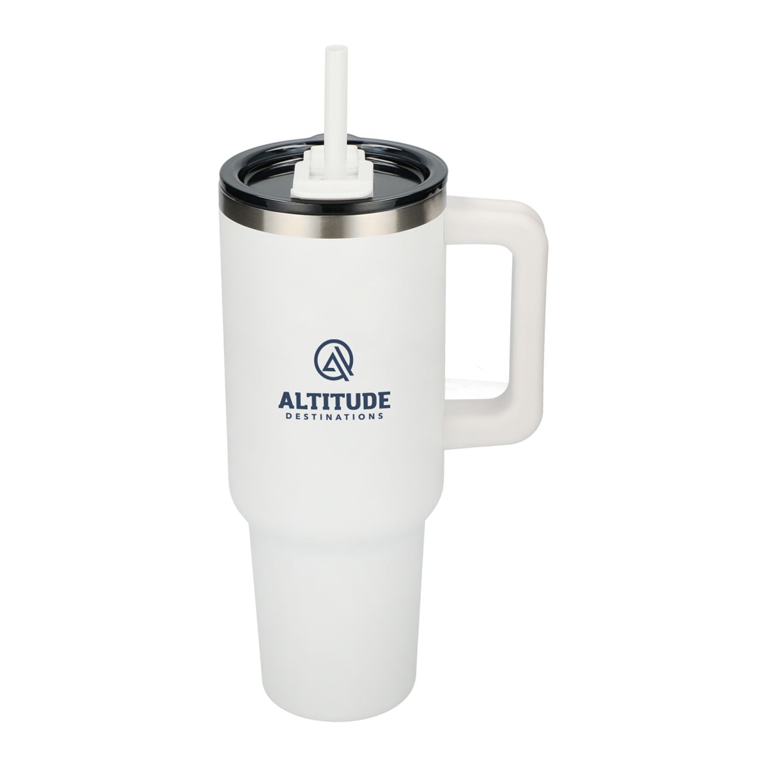 Customized Pinnacle 40 oz Recycled stainless steel  Vacuum Insulated Tumbler with Straw in white.