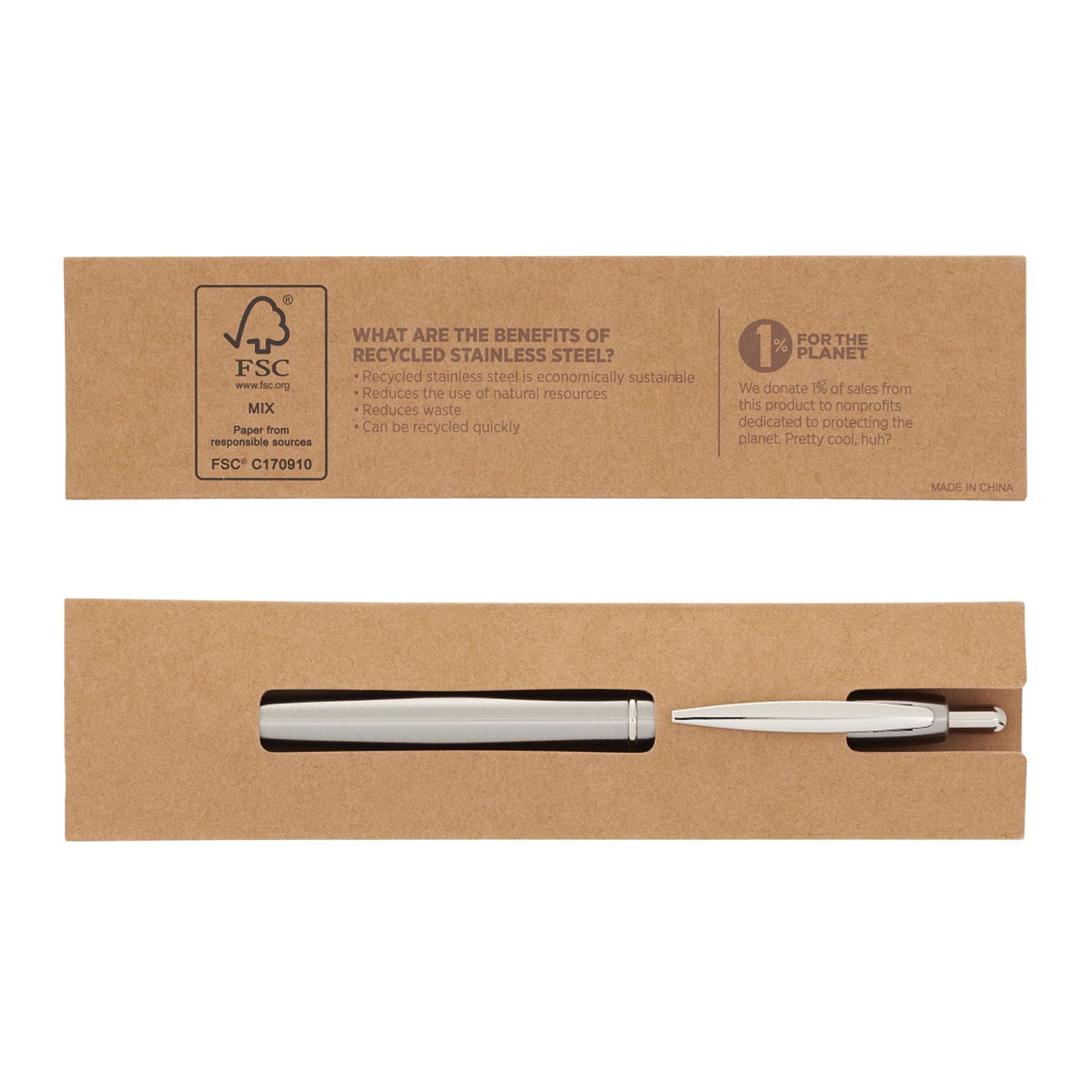 Customized recycled stainless steel ballpoint pen in silver.