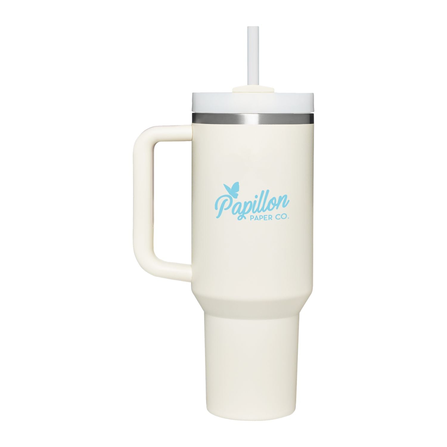 Customized Stanley Quencher H2.0 recycled stainless steel 40 oz insulated tumbler eco-friendly in white.