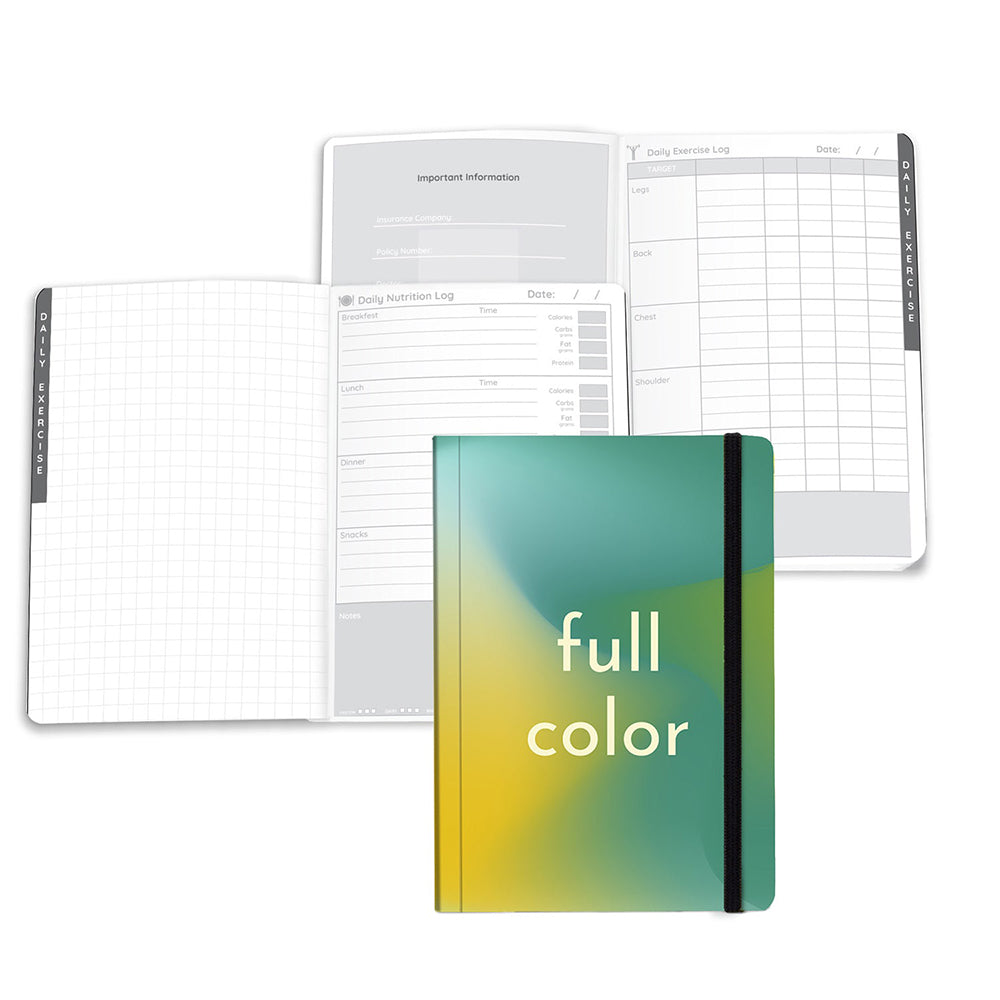 Customizable perfect bound wellness journals in multiple colors.