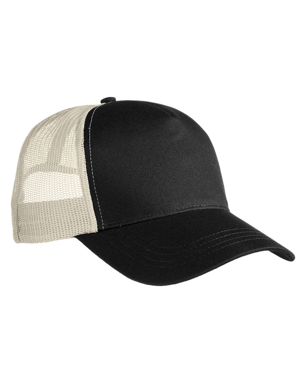 Custom branded Econscious Eco-Blend 5-Panel Trucker Hat in black and cream.