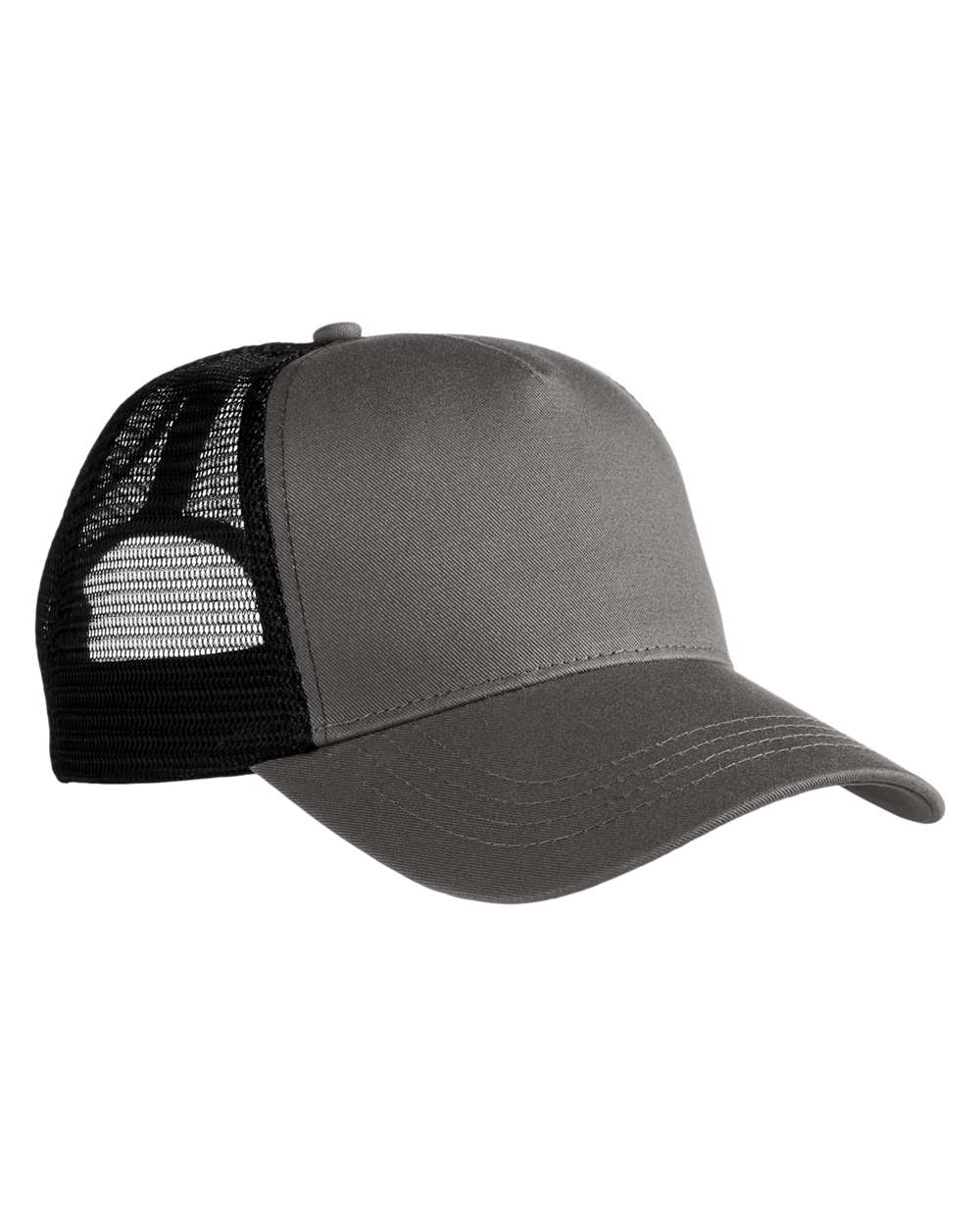 Custom branded Econscious Eco-Blend 5-Panel Trucker Hat in grey and black.