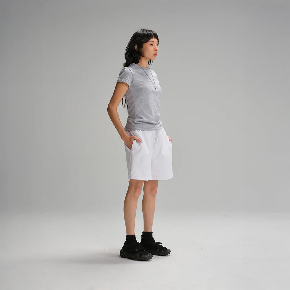 Everywhere Apparel® Recycled Cotton Women's Fitted T-Shirt - Made in the USA side view in grey.