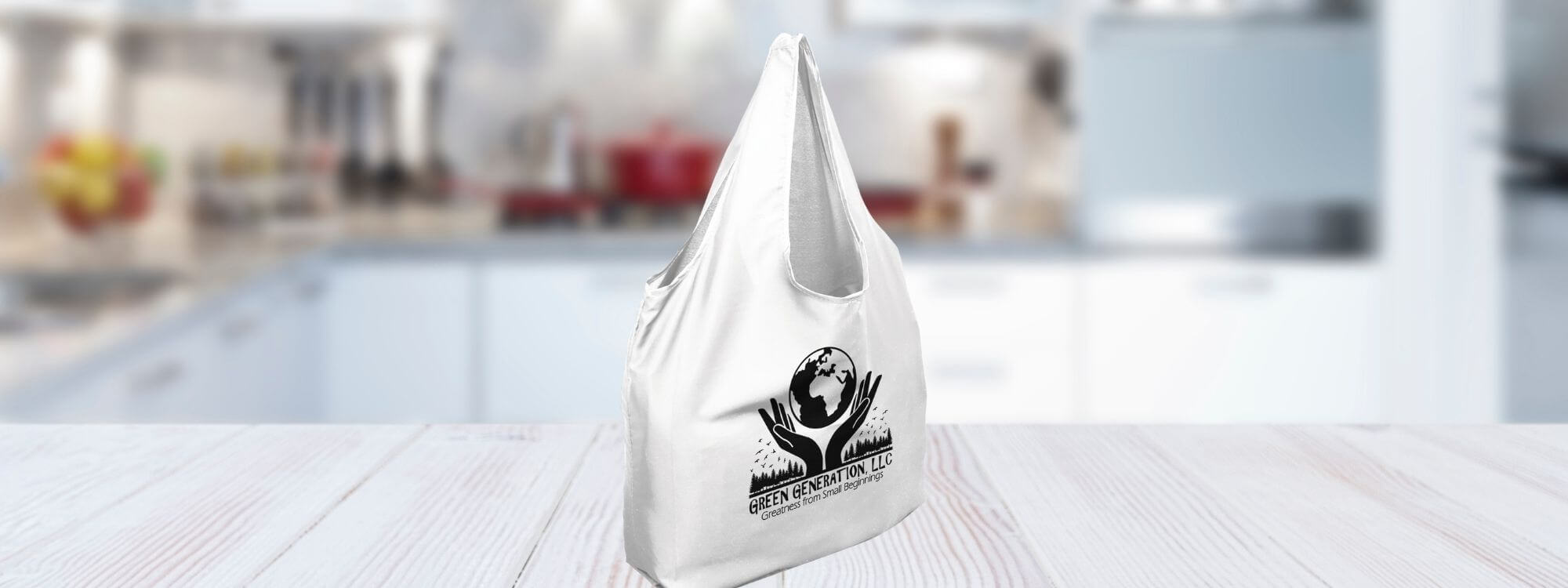 white compactible tote bag sitting on kitchen counter