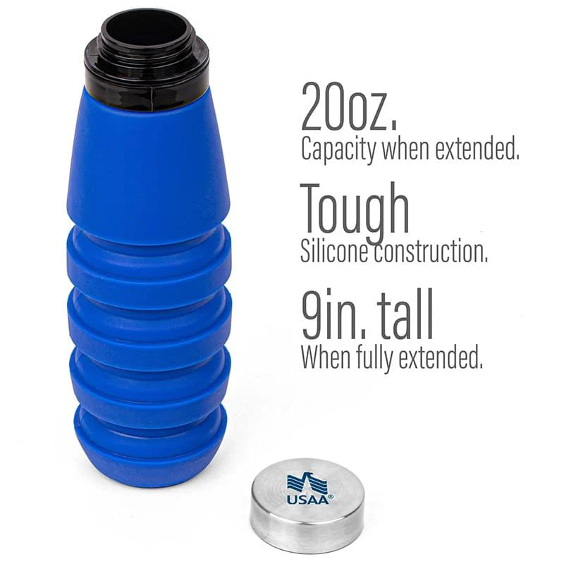 Collapsible Silicone 20 oz Water Bottle in blue.