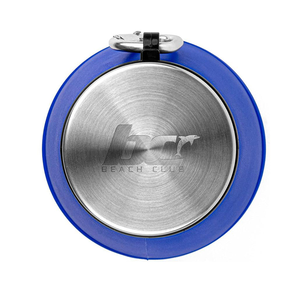 20 oz. The Whirlwind Collapsible Silicone Water Bottle in blue with engraved lid.