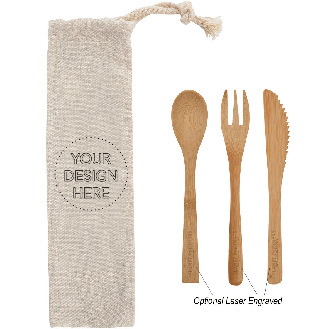 3 Piece Bamboo Utensil Set with Cotton Pouch