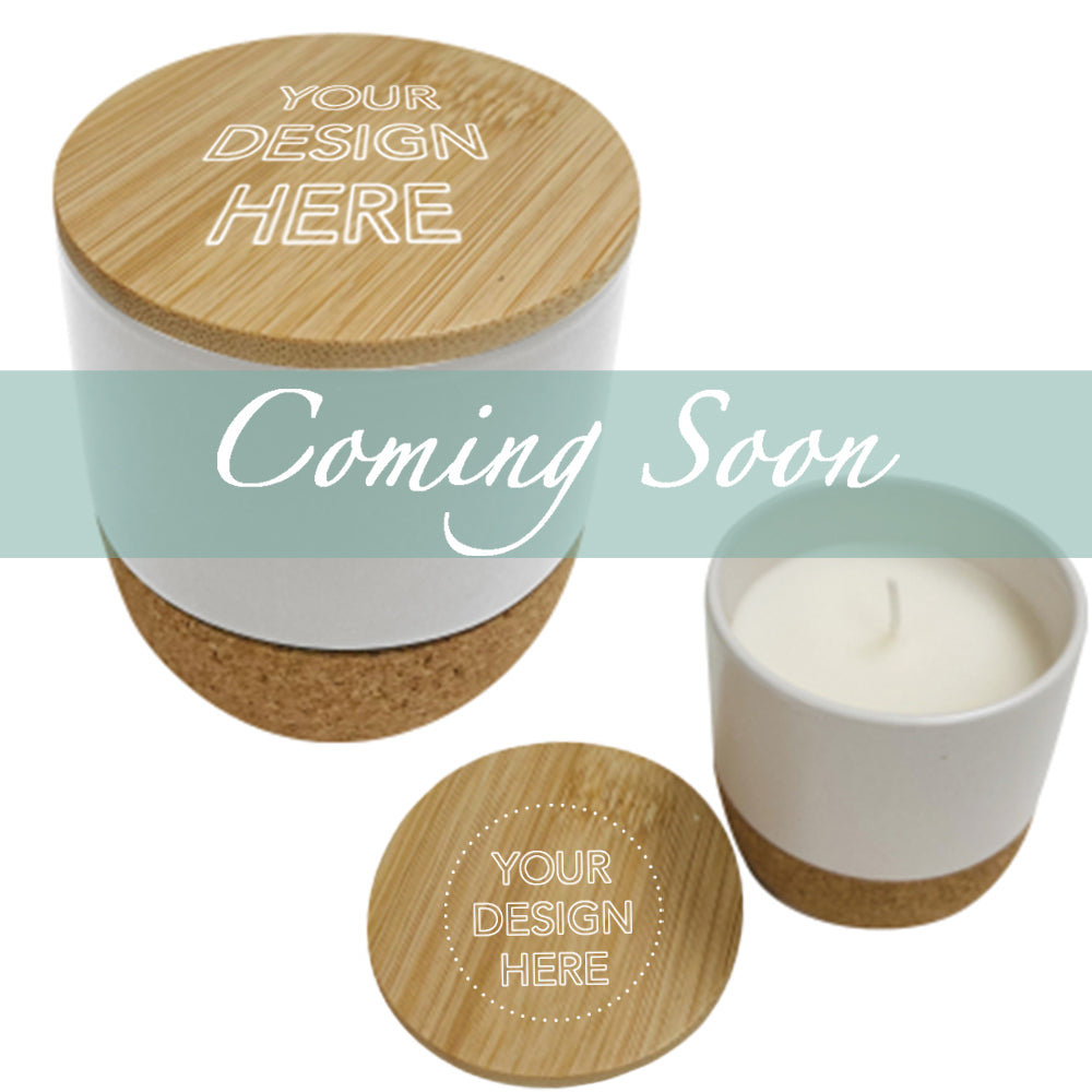 Customizable santal soy wax candle, vanilla scent with bamboo lid and ceramicin white