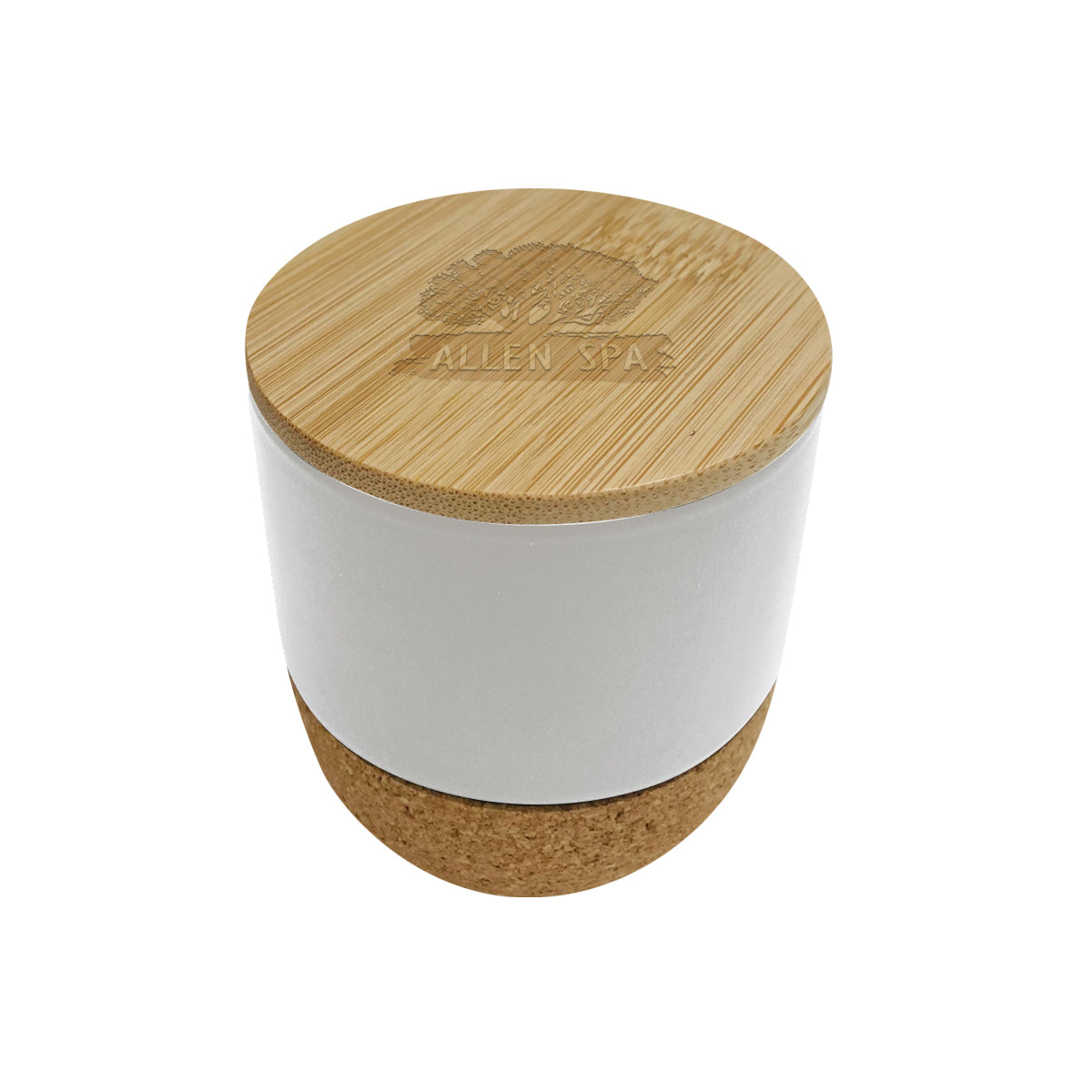 Santal Soy Wax Candle - Vanilla Scent in white with engraved logo.