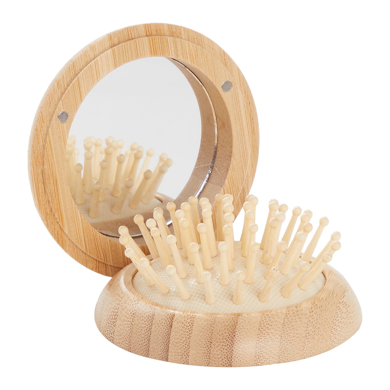 Customizable FSC Bamboo Compact Mirror and  Brush.