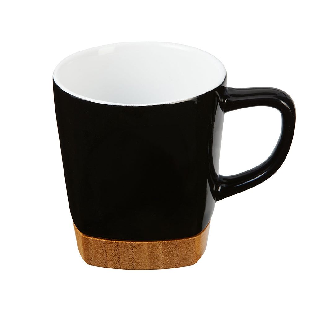 11 oz Ceramic Mug with Removable Bamboo Coaster in black.