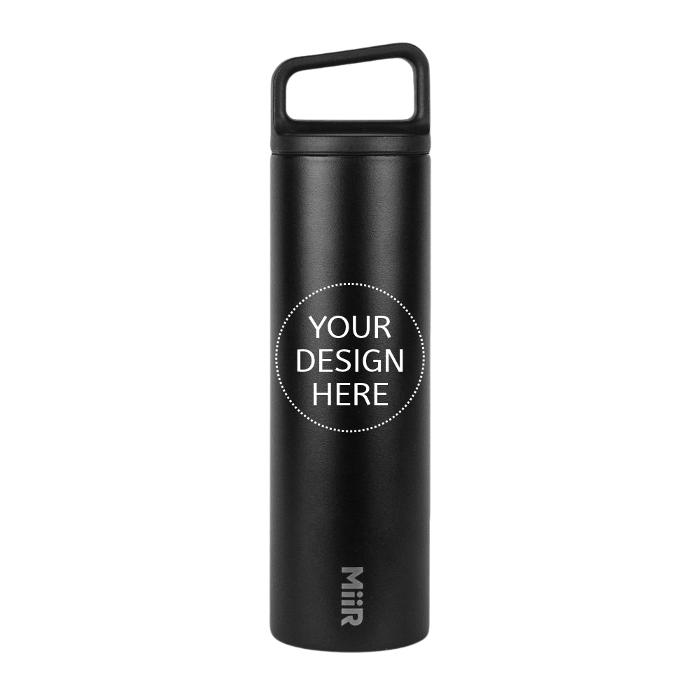 A black insulated water bottle with a matching black lid and carrying loop, shown on a plain white background. The bottle has a circular white placeholder graphic reading 'YOUR DESIGN HERE' and the brand name 'MiiR' near the bottom.