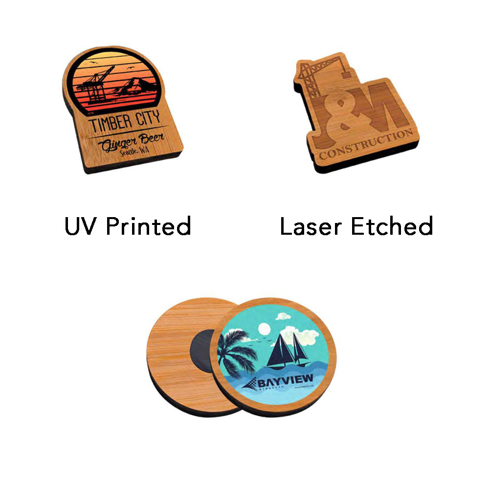 Custom-Shaped Bamboo Magnet, different imprint methods and examples of shapes.