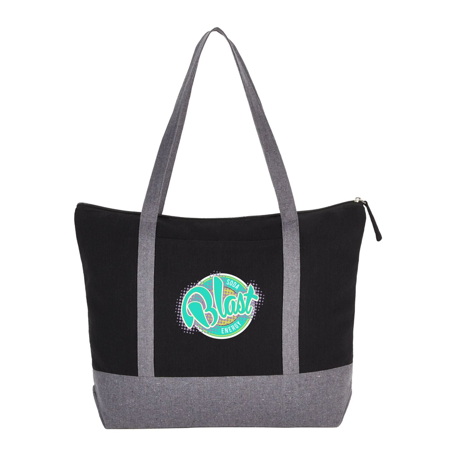 Customizable Repose 10oz Recycled Cotton Zippered Tote in black with logo.