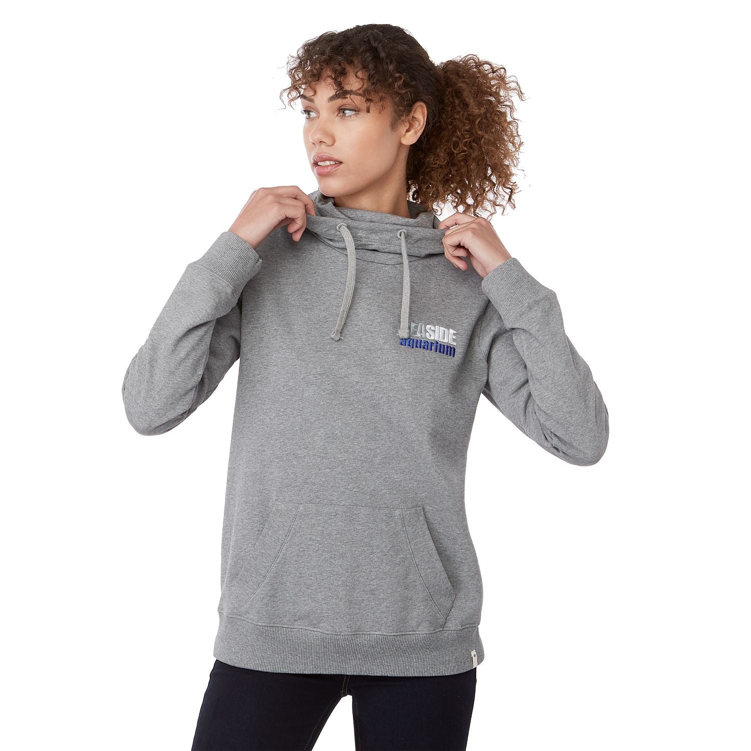 Customizable Tentree women's organic cotton banshee hoodie in heather gray.