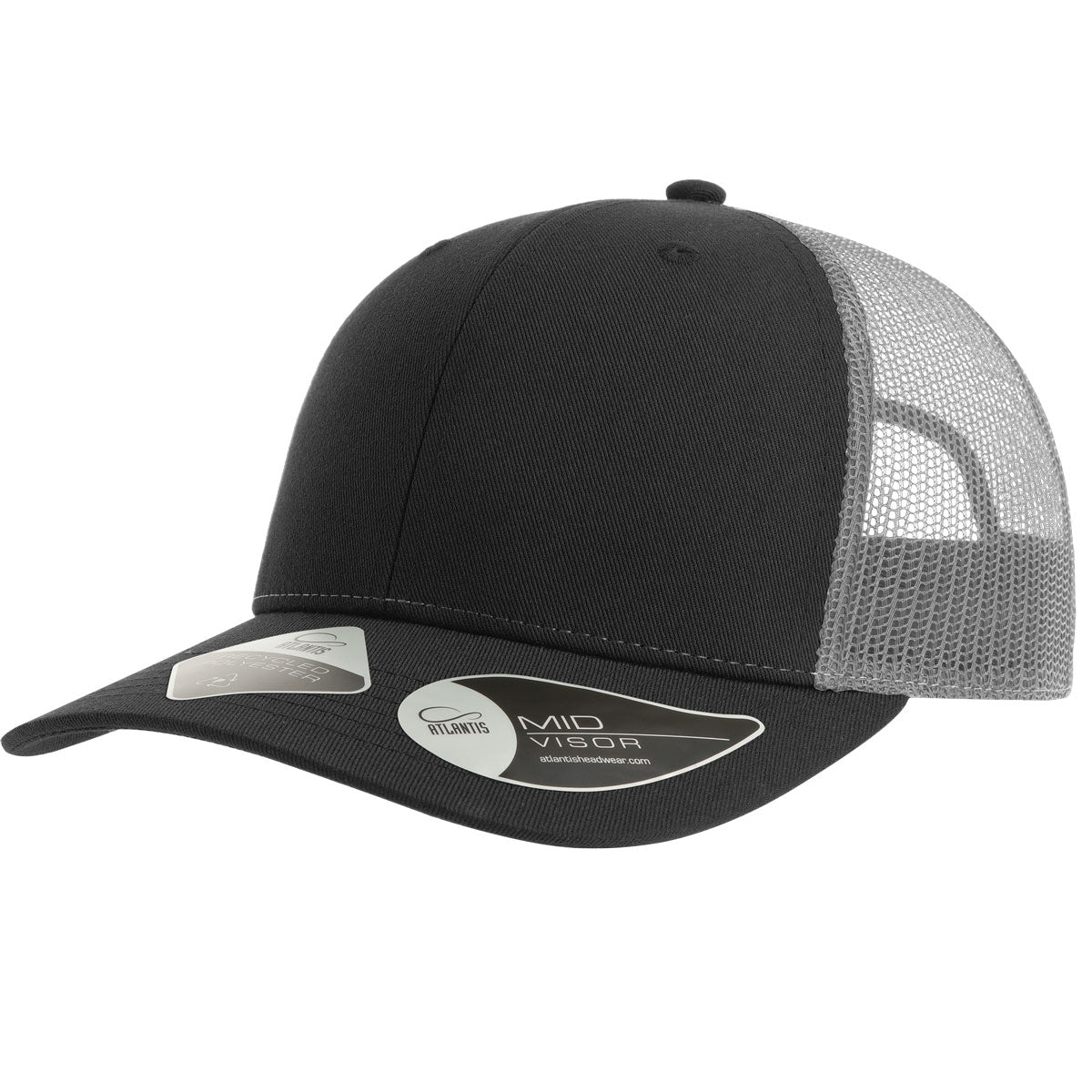 Customizable Atlantis Headwear Bryce Trucker Cap in black and dark gray.