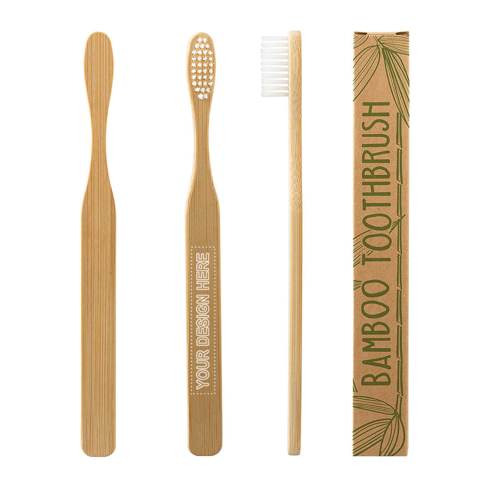 Customizable bamboo toothbrush with natural kraft box.