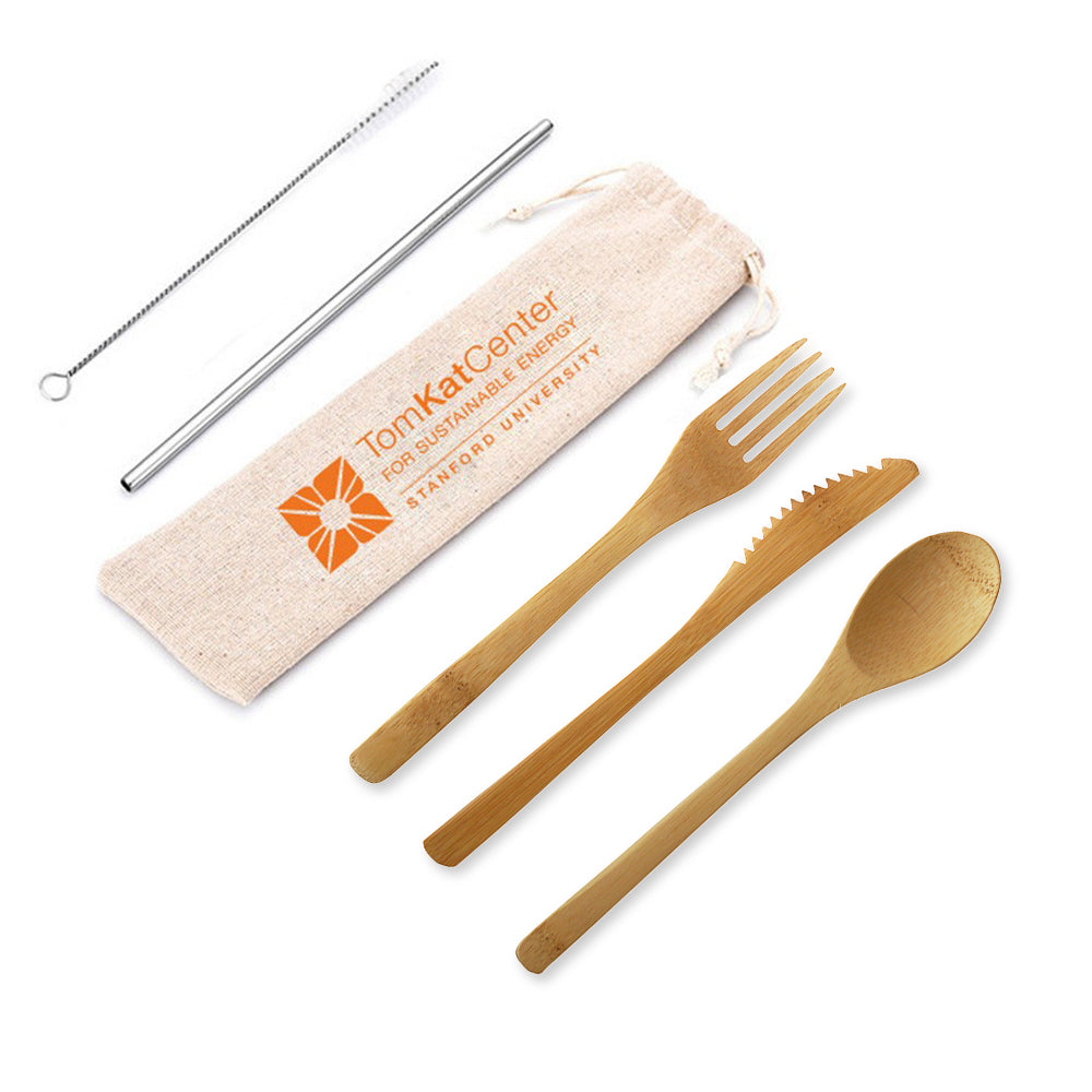 Reusable Eco-Friendly Bamboo Utensil Set with Metal Straw and LinenBag