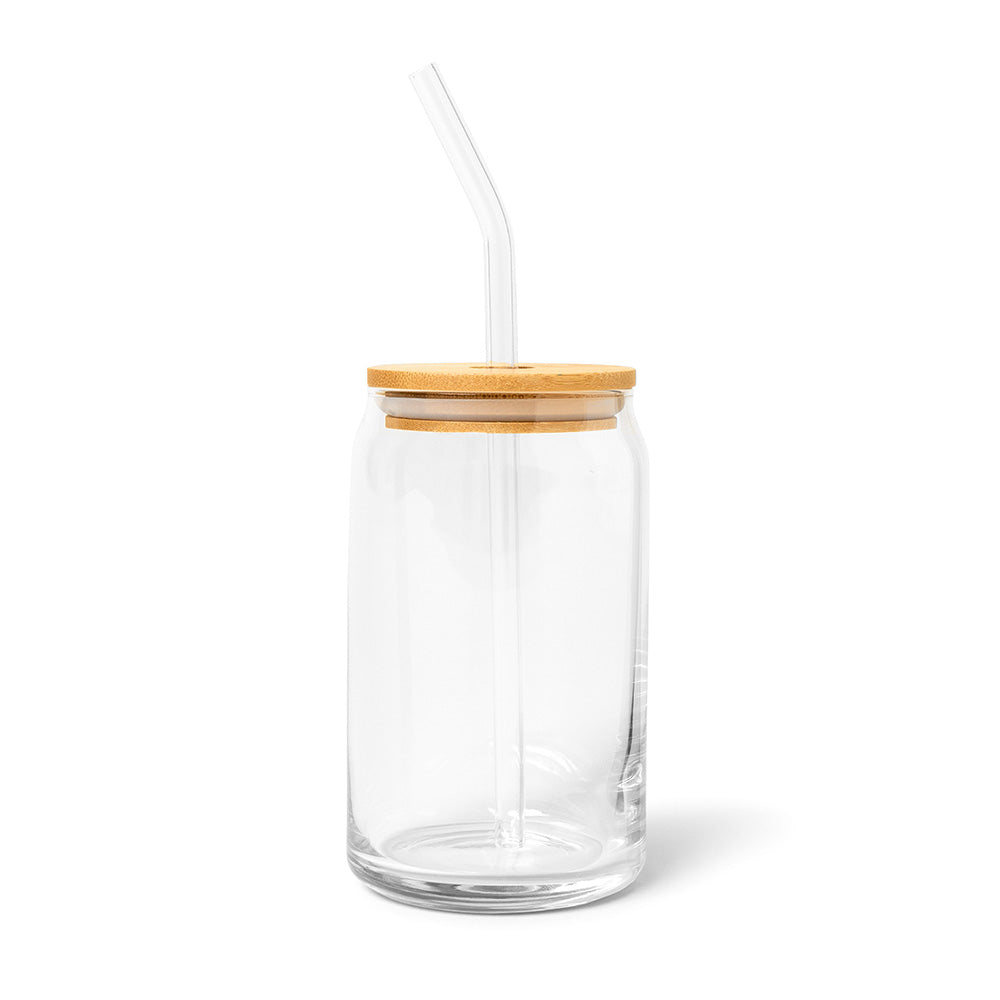 16 oz Can-shaped Drinking Glass with Straw and Bamboo Lid in clear