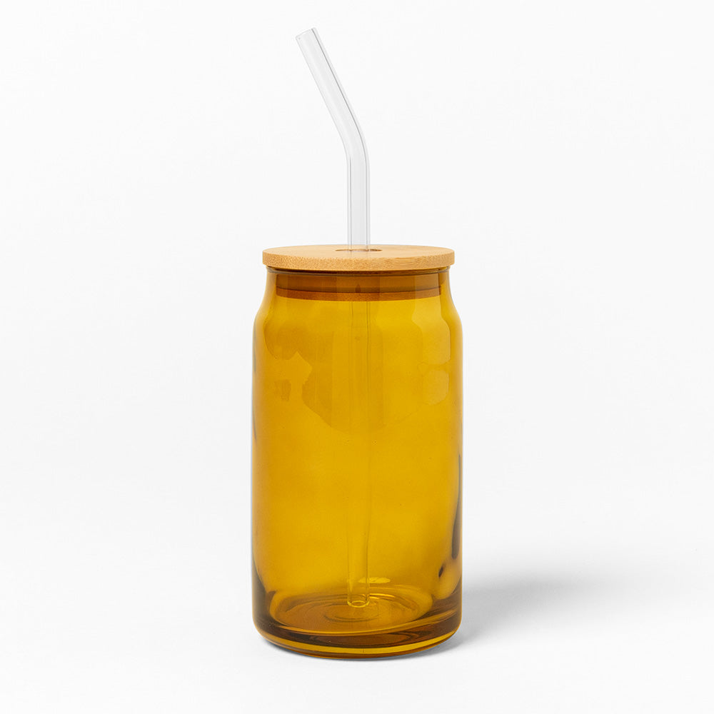 16 oz Can-shaped Drinking Glass with Straw and Bamboo Lid in amber