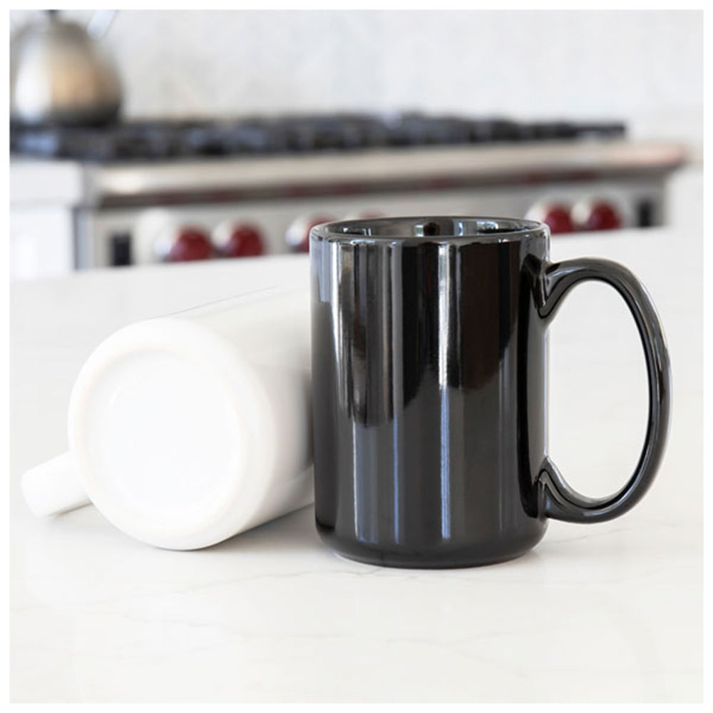 Customizable 15 oz Stoneware Grande Mugs in black and white.