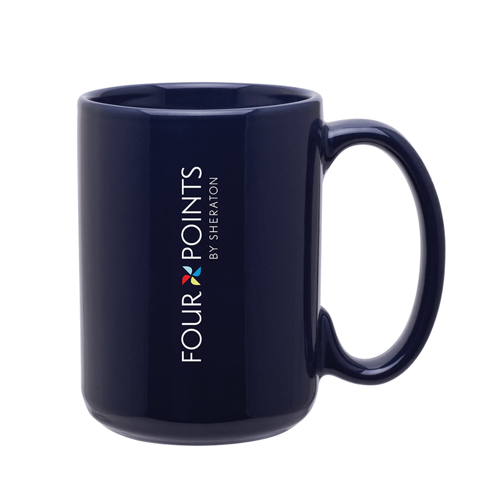 Customizable 15 oz Stoneware Grande Mug in blue with logo.