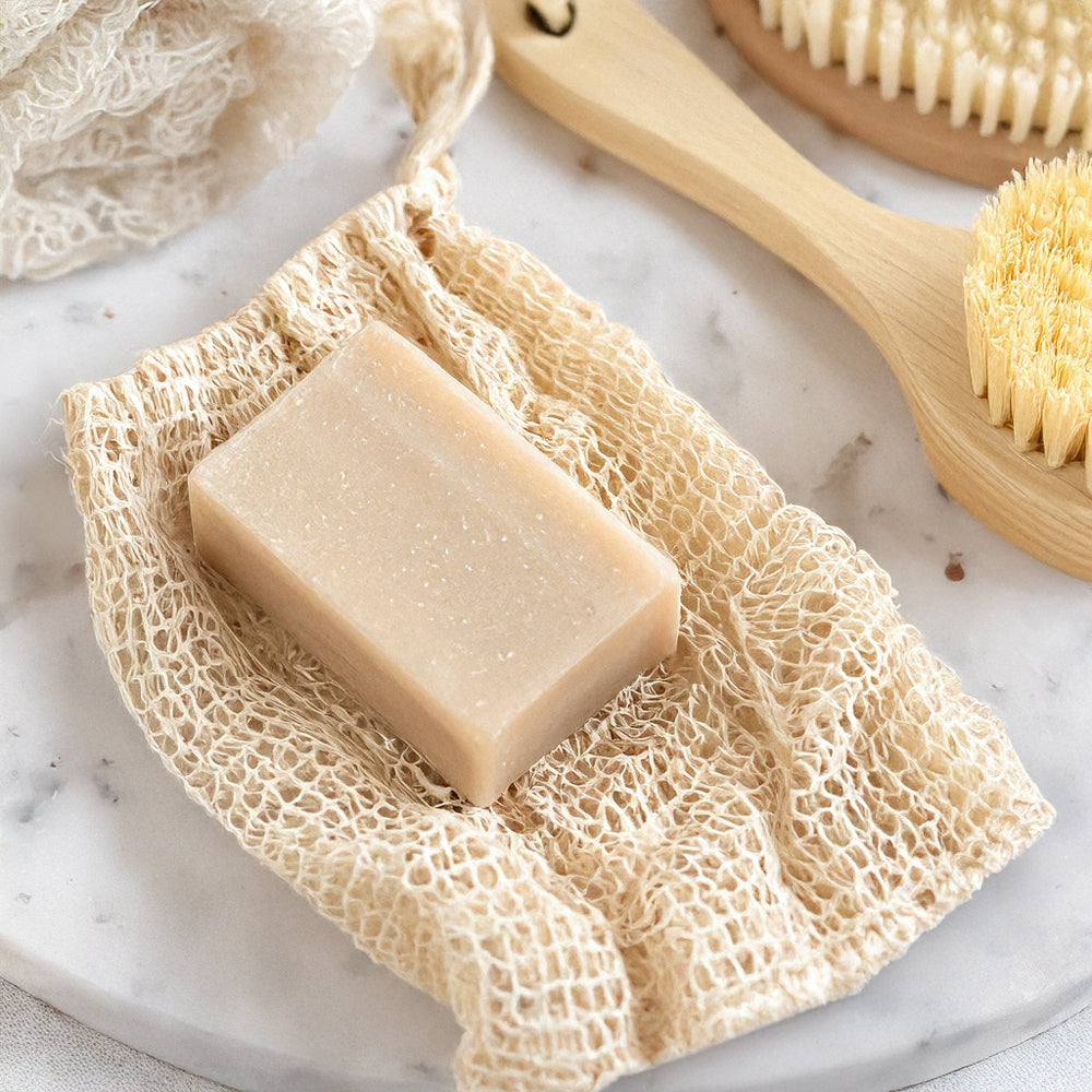 Customizable Loofah Bag with soap bar.